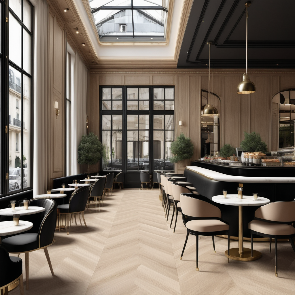 A hyperrealistic image a grand Modern Parisian cafe  in a beige oak brass and black colour palette with floor to ceiling windows and