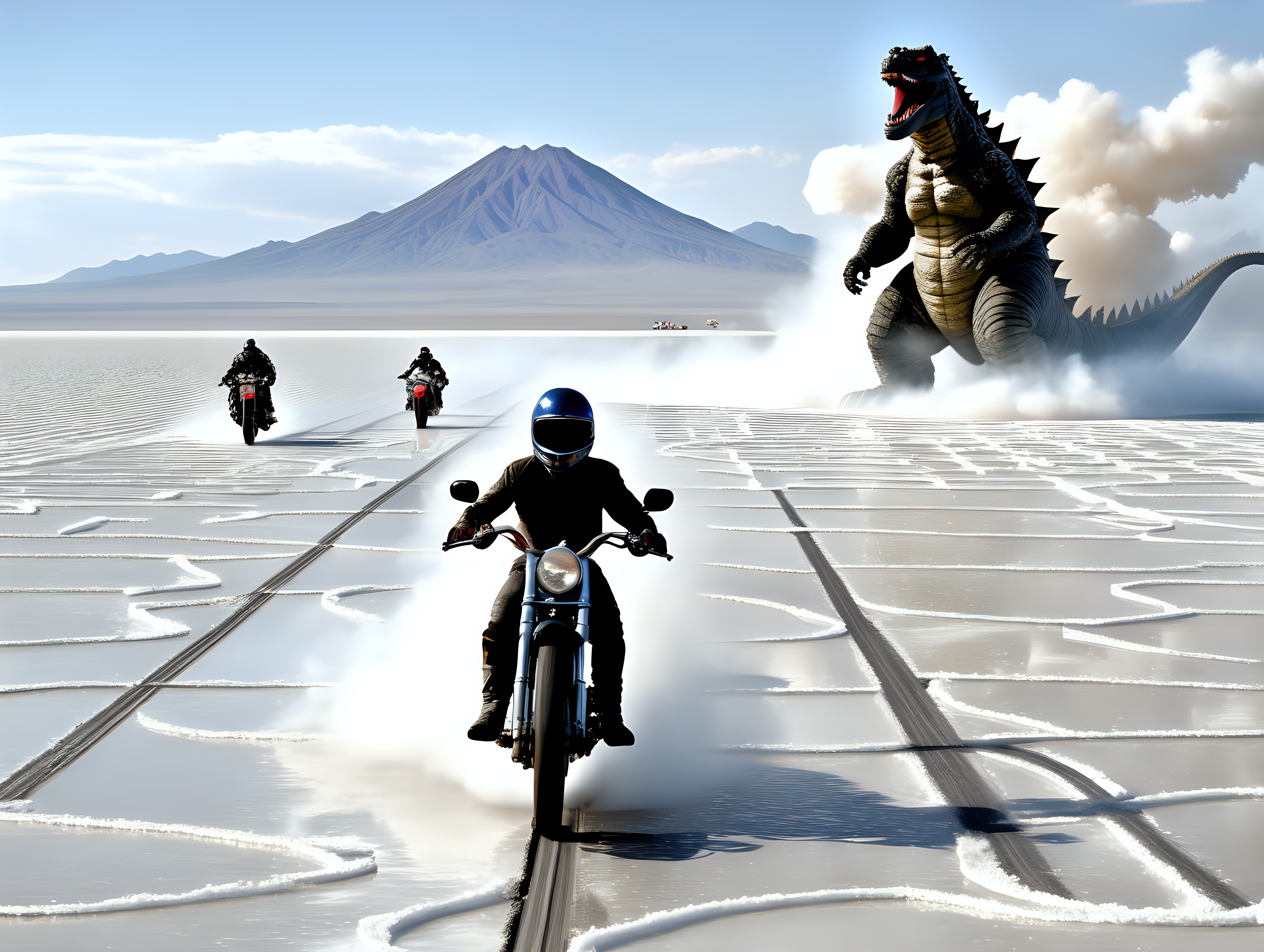 Motorcycles race on salt flats chased by Godzilla