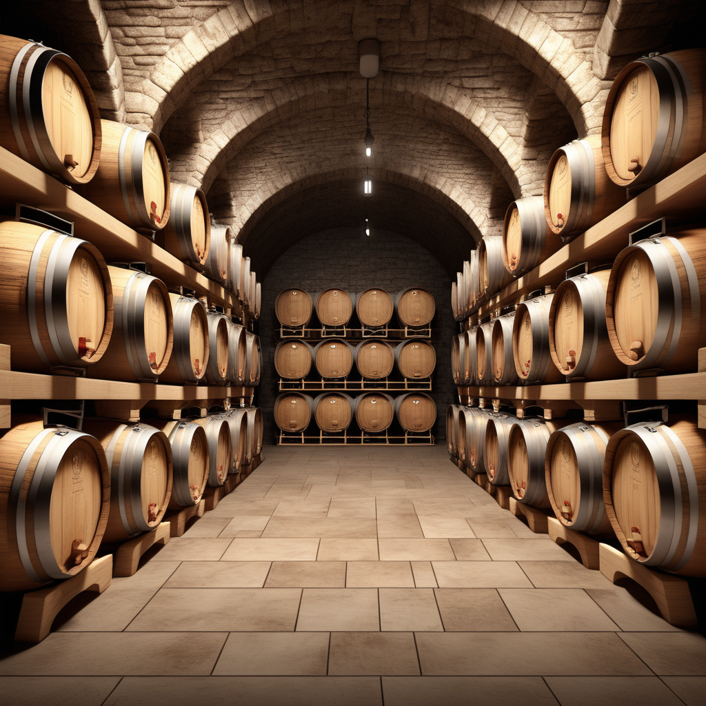 Create an image of a cellar with wine barrels when there are three rows of barrels with no space between them - adjacent to each other