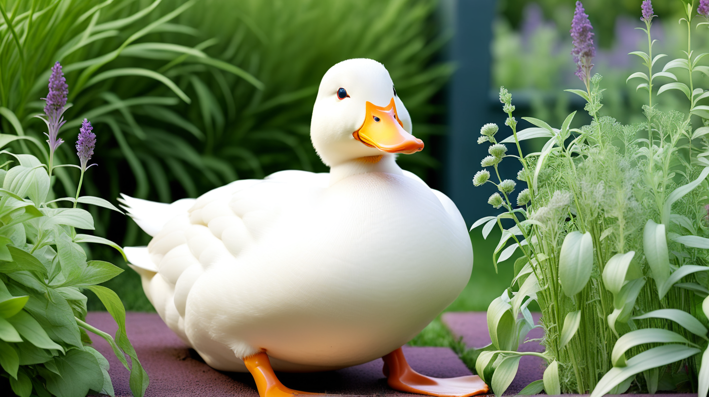 A white duck amongst herbs in a garden.