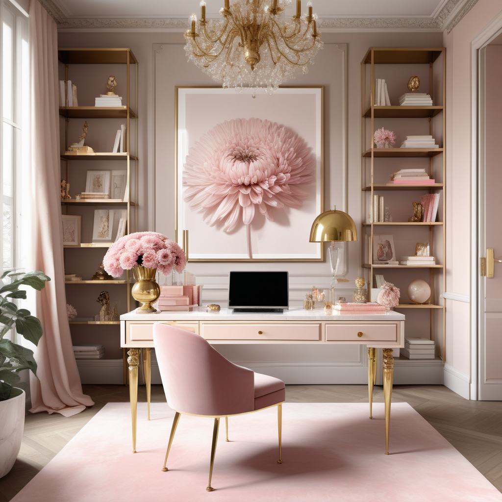 hyperrealistic image of an elegant modern Parisian home office interior with floor to ceiling brass shelves  full of trinkets and books, a bouquet of crysanthemum, a crystal chandelier, a pink velvet desk chair with brass legs at a white and brass desk, a statement piece of art, in a beige, dusty pink and brass colour palette