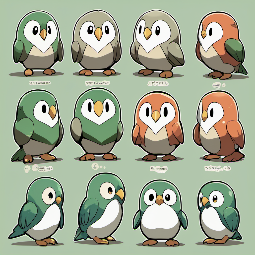Rowlet, parrot, ghibli style, character sheet, pokemon style, Japanese style, cute, penguin 
