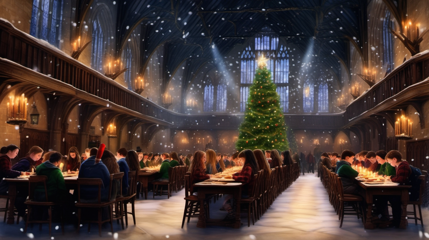 
Hogwarts great hall decorated for christmas, snow falling from vaulted ceiling. Students sitting at 4 tables. cinematic lighting, realistic, polished, watercolor, victorian, masterpiece