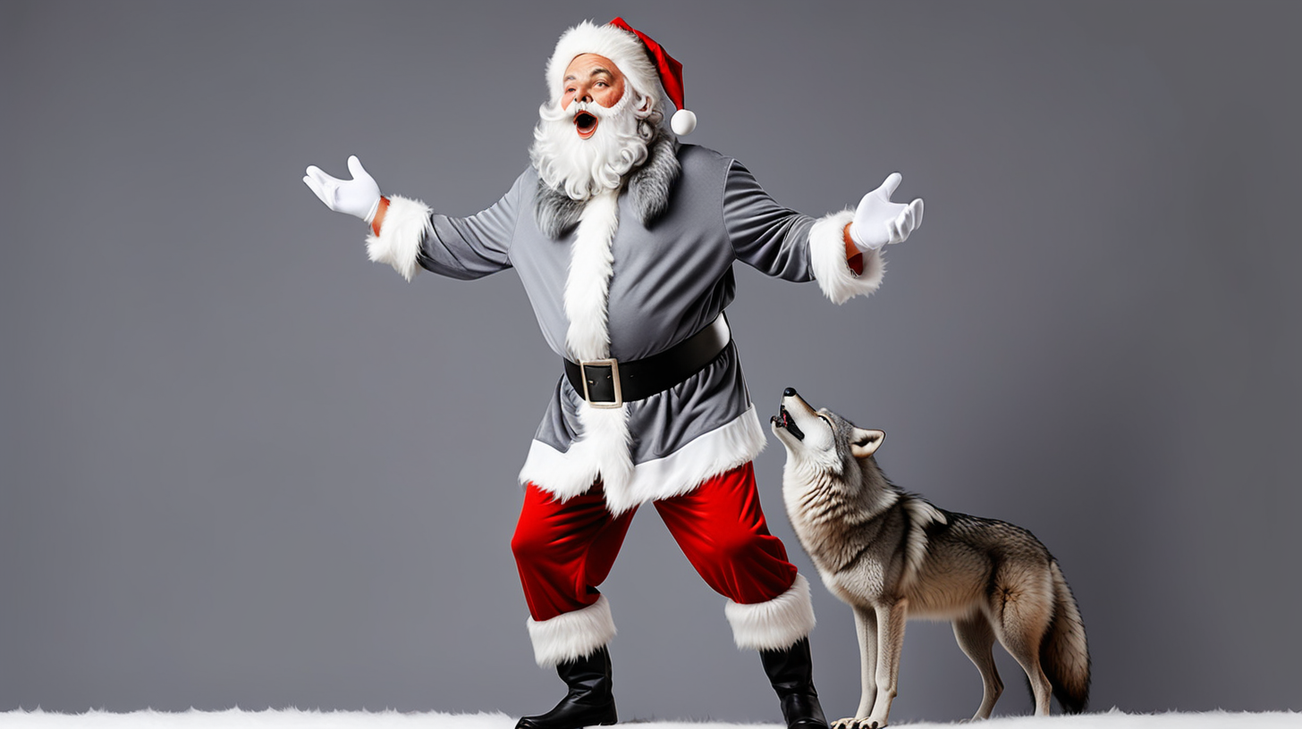 Santa Claus dressed up as a gray wolf