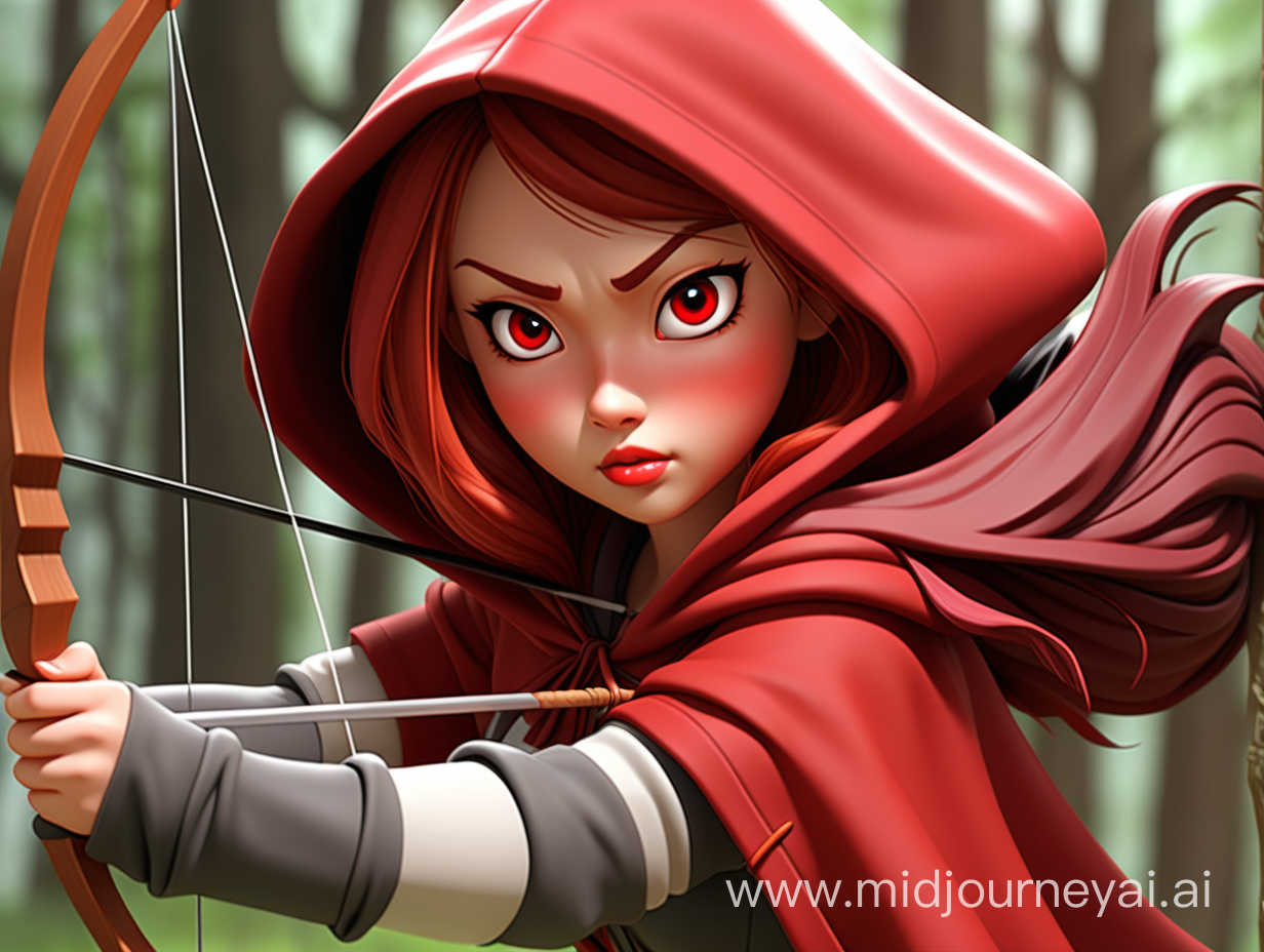 3D, Anime, adult, age 35, Asian female, Describe in vivid detail the appearance of Red Riding Hood. Portray her with short, long-red hair, framing her face with dark red eyes. She is an archer and carries a bow with arrows that she uses in combat.