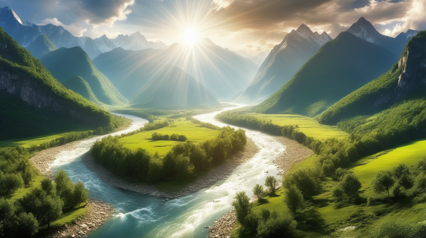 Natural beauty mountains and rivers sunlight shining