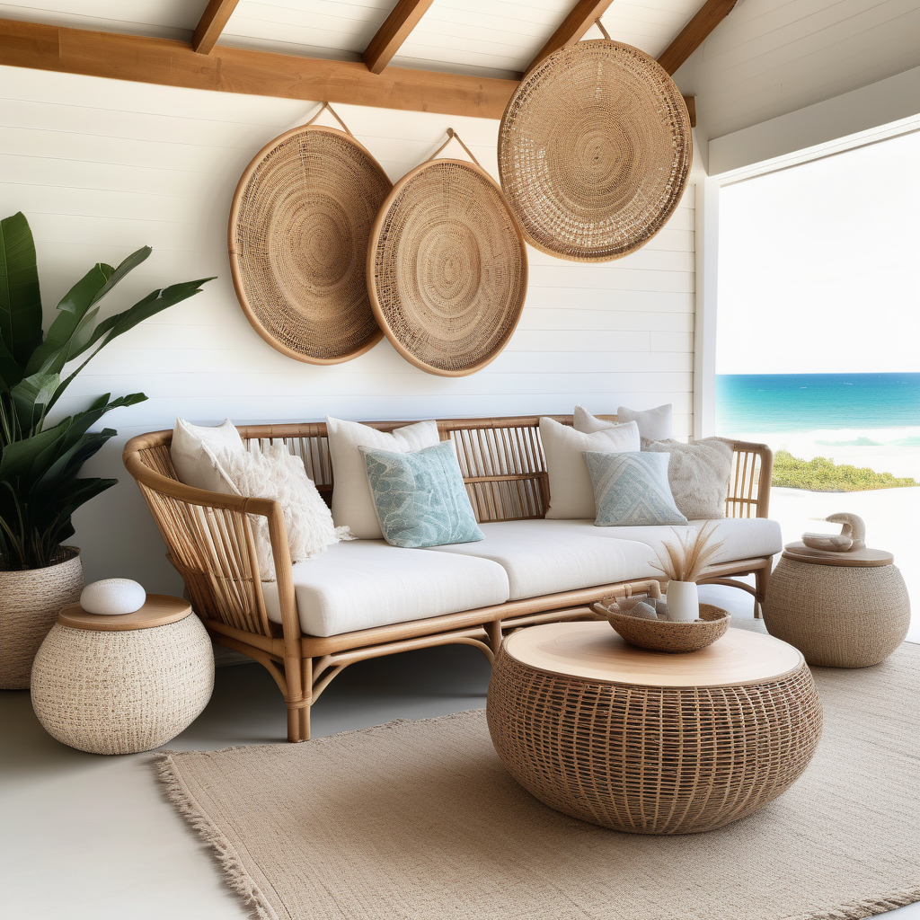 trendy boucle
 recycled  large coastal rattan and timber sofa in boho beach house

