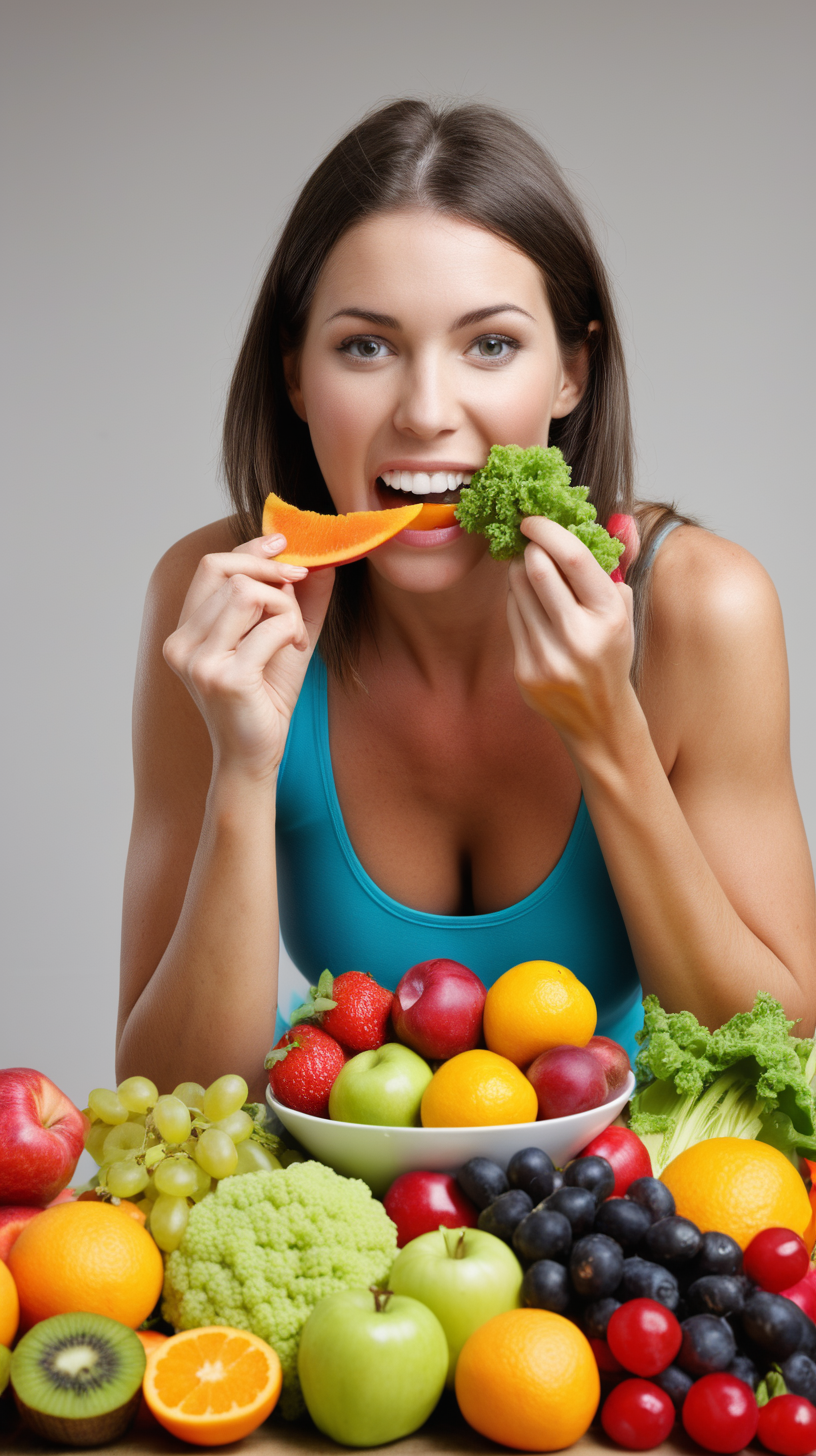 Woman being very healthy eating a pile of