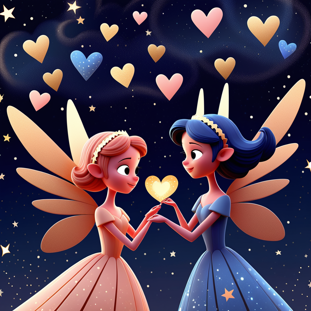 /envision prompt: "Celestial Fairy Valentines" reimagined in a Pixar 3D animation inspired by the whimsy of Mary Blair. Fairies with celestial wings soar through a star-studded sky, exchanging heart-shaped constellations. The color palette bursts with cosmic blues and radiant golds, creating a visually enchanting scene. Expressions on the fairies convey a sense of celestial joy and timeless love. --v 5 --stylize 1000