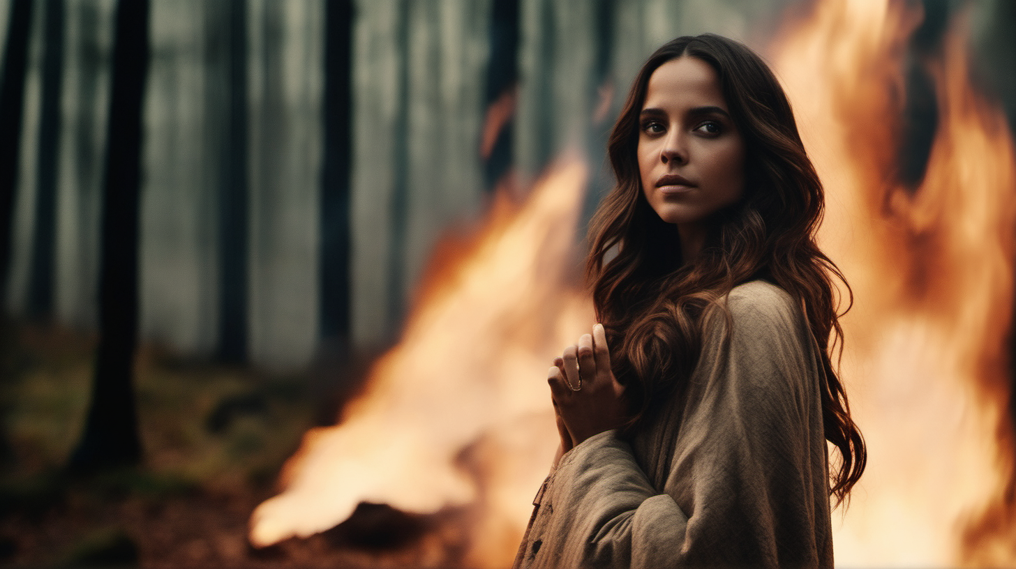 Actress Alba Baptista, with long, wavy brunette hair, standing in a forest with fire burning from her hands