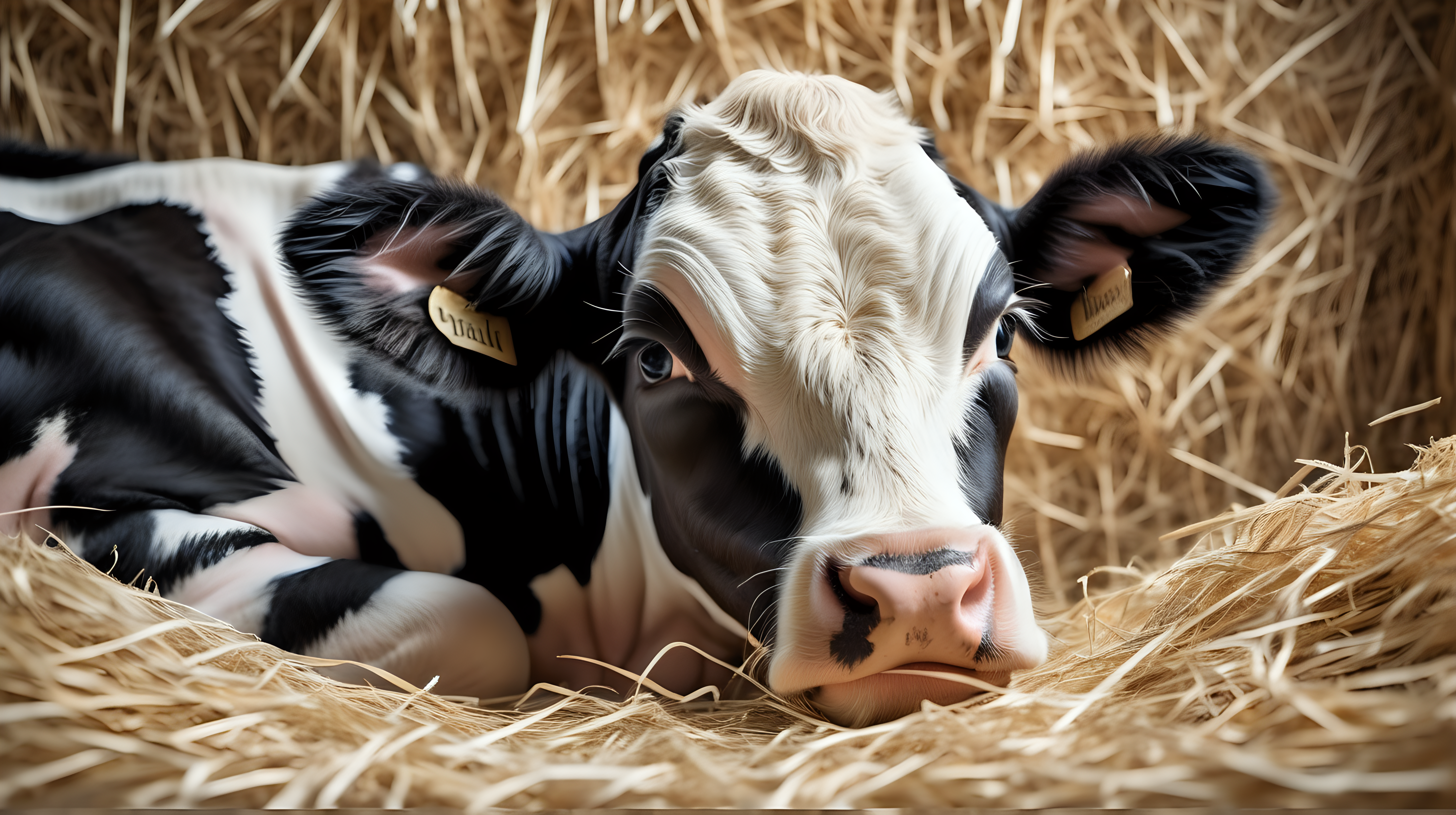 close up of holstein calf in straw, realistic photo