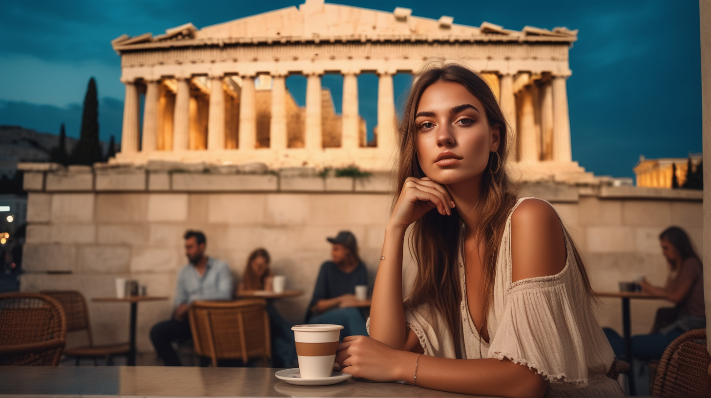post classic, portrait photography, boho outfit, super realistic woman, sitting in a street coffee shop in modern Athens, dusk blurred Parthenon in the background.  The lighting in the portrait should be dramatic. Sharp focus. A ultrarealistic perfect example of cinematic shot. Use muted colors to add to the scene.