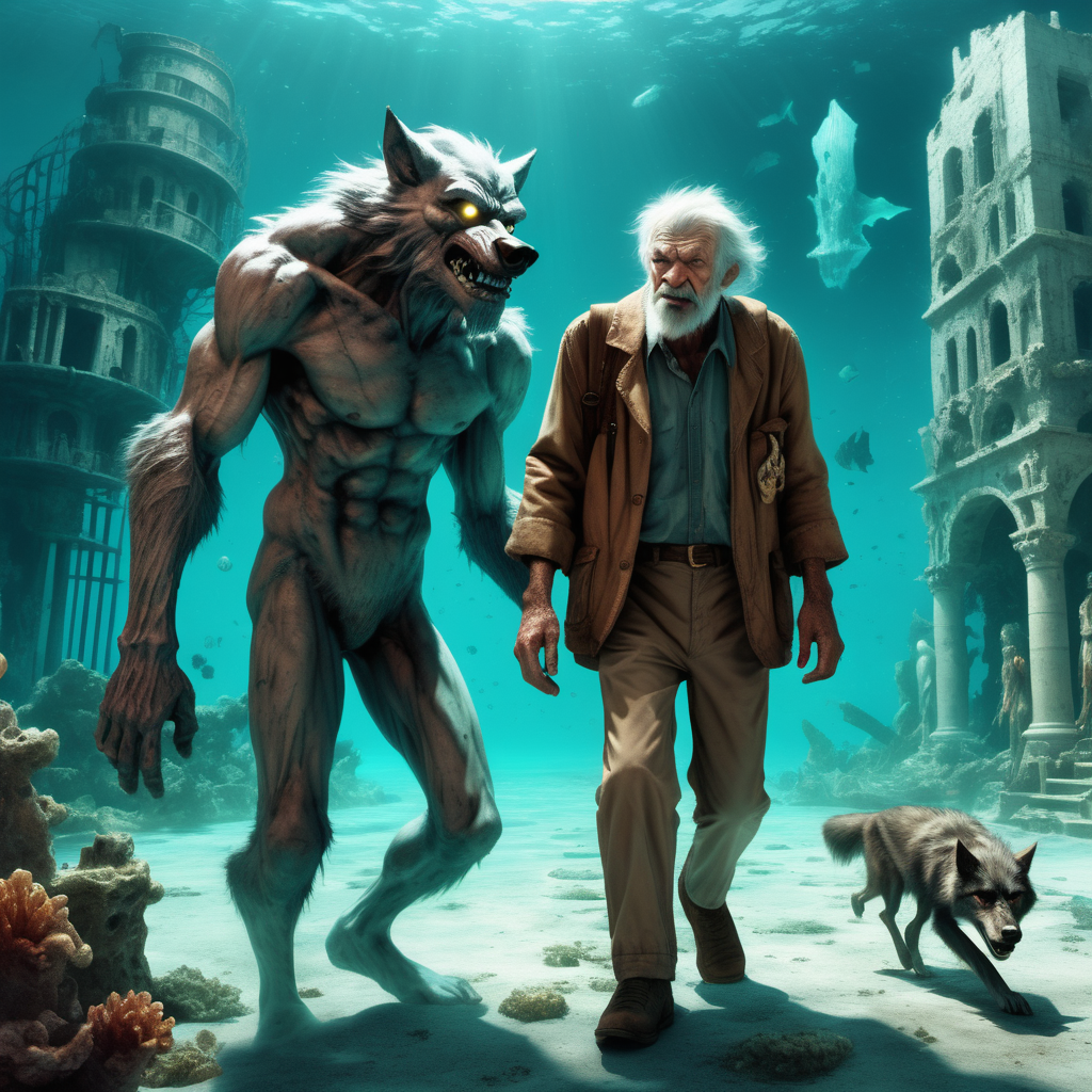  a kind Wolfman  walking side by with  a  frail sick lost old man.  In background the deep underwater city's  ruins of Atlantis