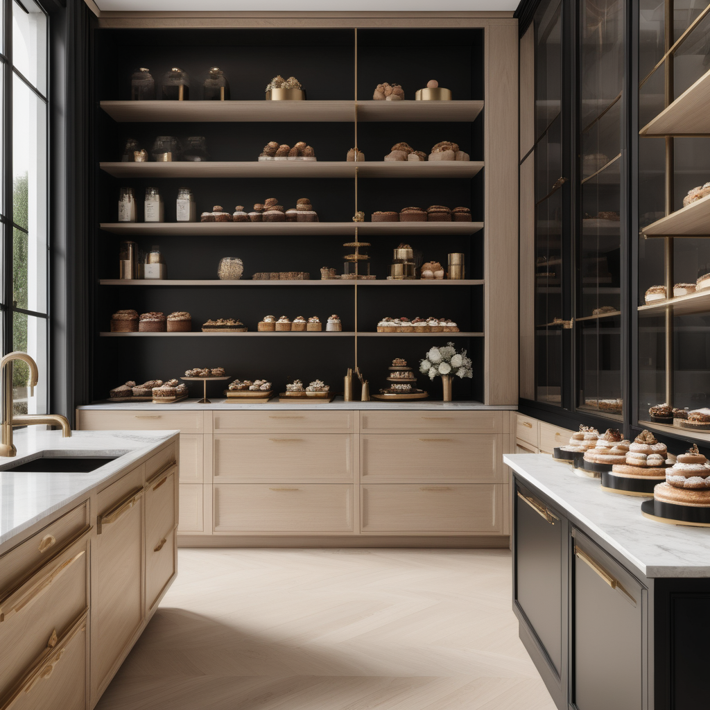a hyperrealistic of a grand Modern Parisian butlers pantry with floor to ceiling windows in a beige oak brass and black colour palette with a couple of fresh cakes and pastries on the island
