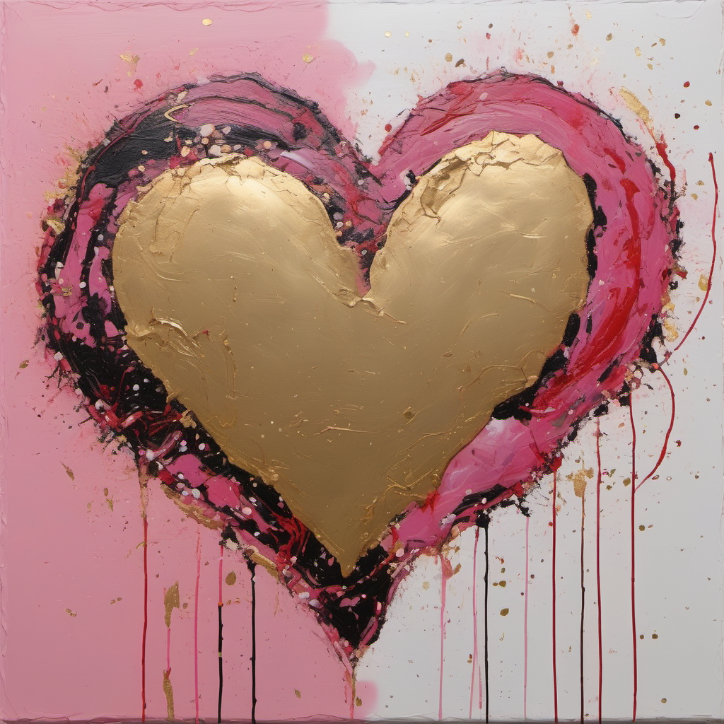 Create a heart central to the composition, made with any version, or combinations of pink and red. The color palette of the piece should include gold, possibly gold leaf, earth colors, and some cool colors to make the warm colors in the heart stand out. Create this painting in the style of Jackson Pollock.