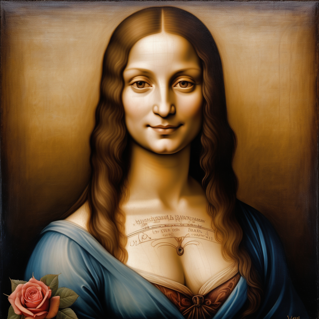 /imagine prompt: An enchanting portrait by Leonardo da Vinci, featuring a woman with rose tattoos on her body and a mysterious smile, same as Monalisa painting, wearing flowing robes , this Monalisa is a full tattooed woman,  her gaze captivating and enigmatic, surrounded by soft, diffused lighting, artwork, oil painting on canvas,-seed –ar 16:9 –v 5 -iw 2