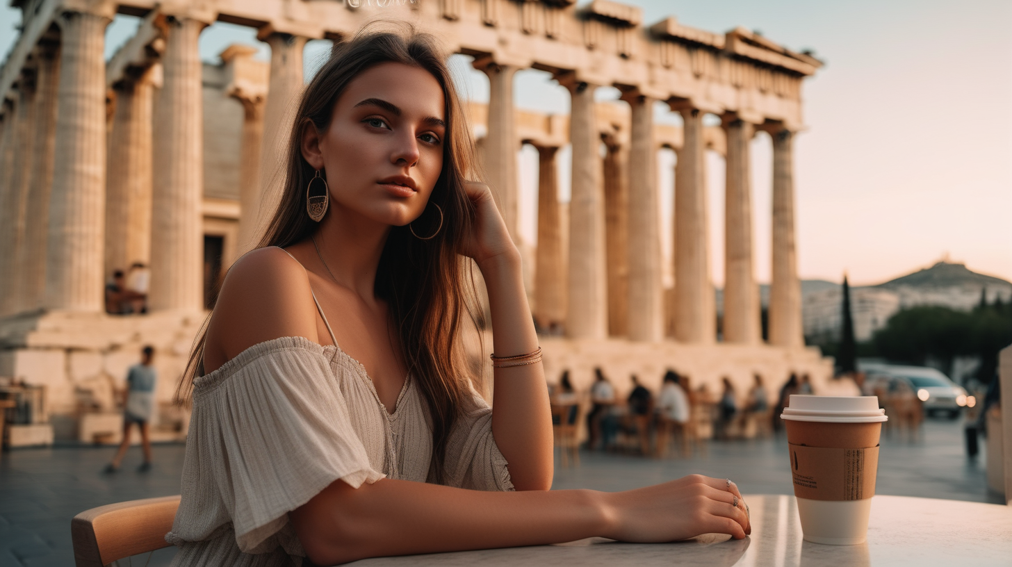 post classic, portrait photography, boho outfit, super realistic woman, sitting in a street coffee shop in modern Athens, dusk blurred Parthenon in the background. Perfect and simetric body and hands. The lighting in the portrait should be dramatic. Sharp focus. A ultrarealistic perfect example of cinematic shot. Use muted colors to add to the scene.