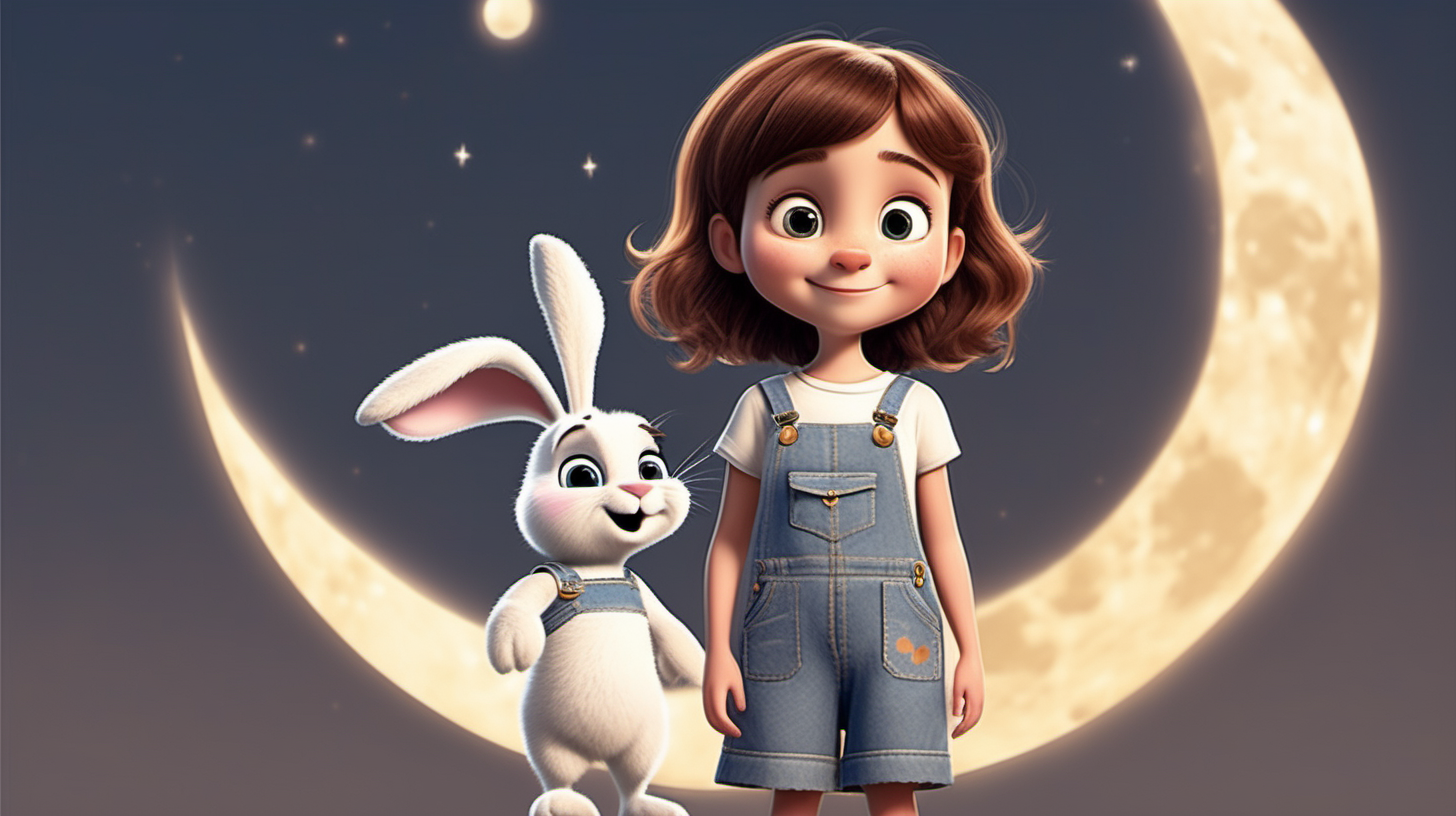 imagine 5 year old short girl with brown hair, fair skin, light brown eyes, wearing a denim dress overall, use Pixar style animation, use white background and make it full body size, next to a white bunny, standing on the surface of the moon