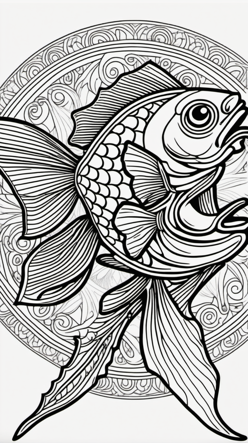 fish, mandala background, coloring book page, clean line art