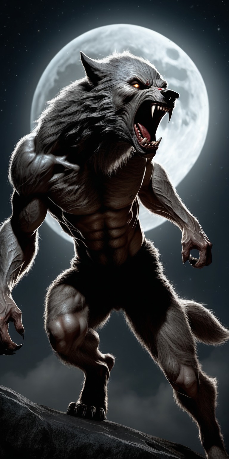 realistic aggressive werewolf at night with the moon