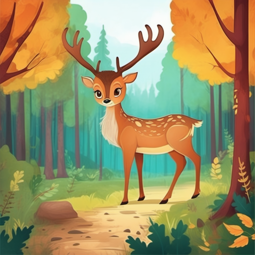 Bild für ein Kinderbuch Das Reh Rome  in einem Wald mit schönen Farben 