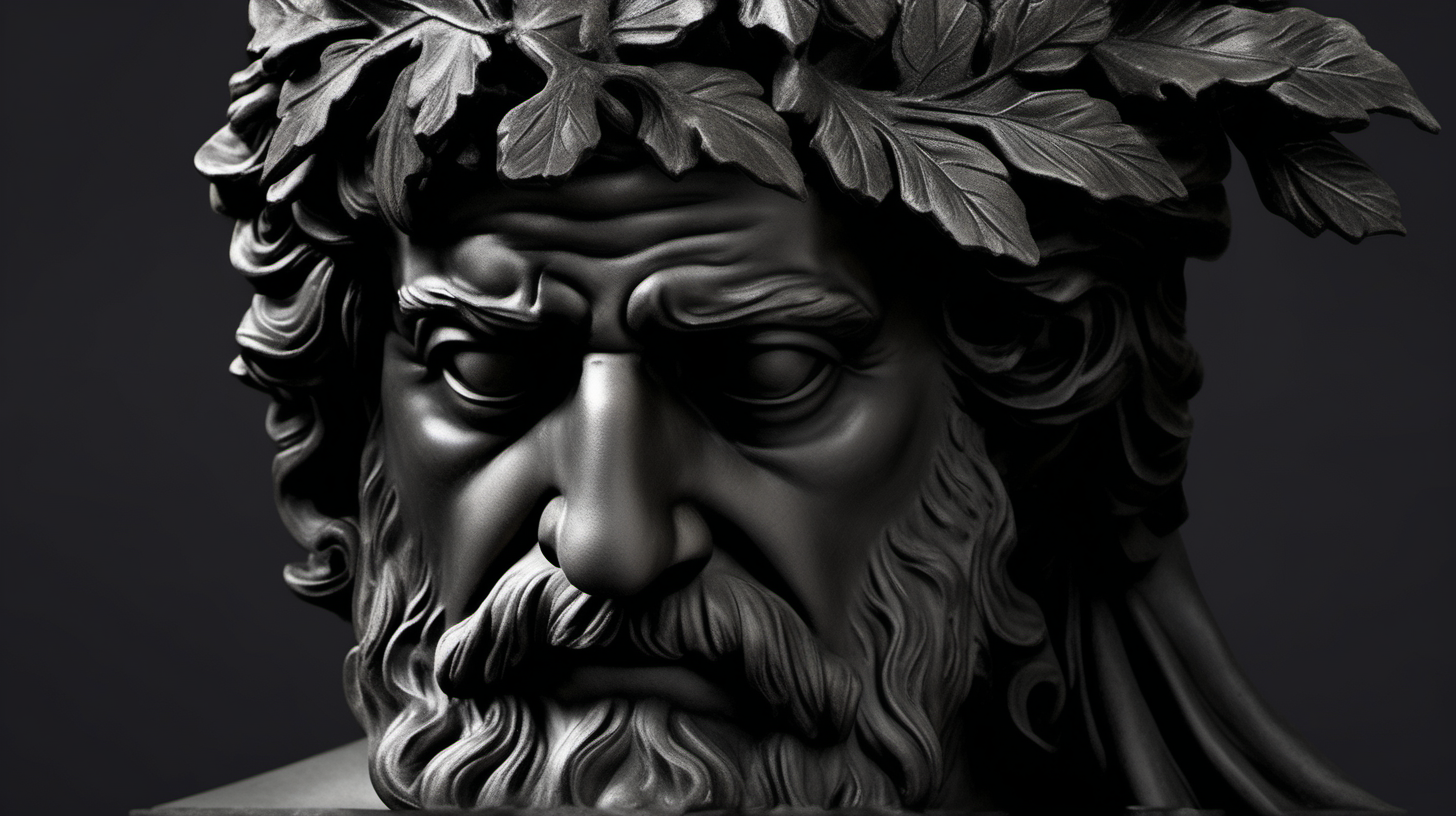 "Create a compelling visual representation of a Greek old man, manifested as a black stone statue. The scene should be set against a dark, cloudy background and feature the statue with well-defined muscles, long beard, and a cloth draped over one shoulder. Enhance the atmosphere by incorporating black tree leaves in the surroundings, maintaining an aesthetic reminiscent of ancient Greek artistry. Pay attention to the details and strive for a harmonious composition that evokes the timeless essence of classical Greek sculpture." Black dark cloud background with black tree leaves