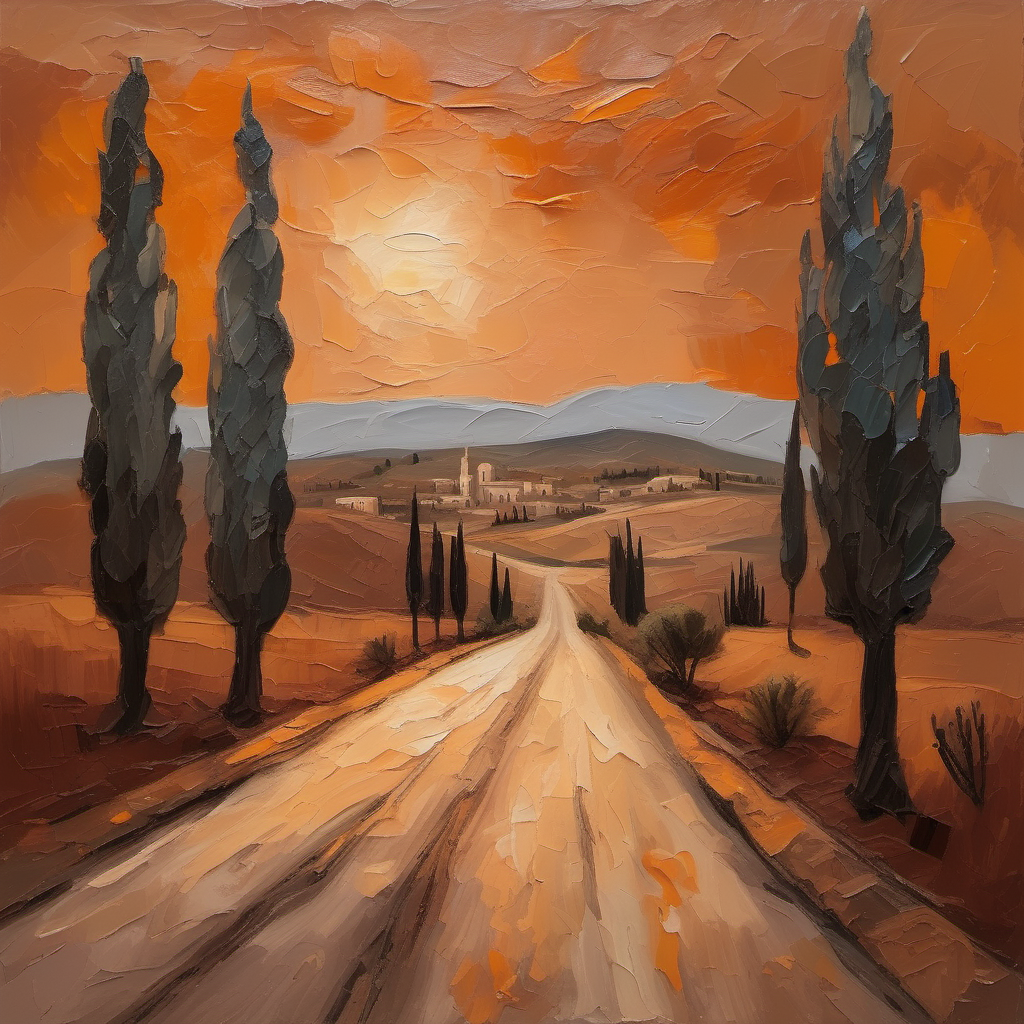 illustration style, oil painting with impasto technique, deserted road, bethlehem in distance, dusty road, cypress trees, dusky orange lighting, distant hills in background, solemn atmosphere, earthy color palette, textured road, expressive sky, detailed foliage, classical antiquity