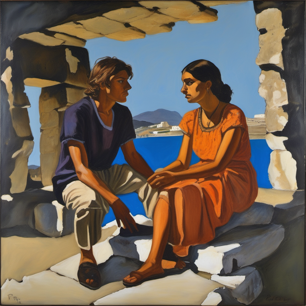 Young GermanIndian couple in ancient ruins in Greece