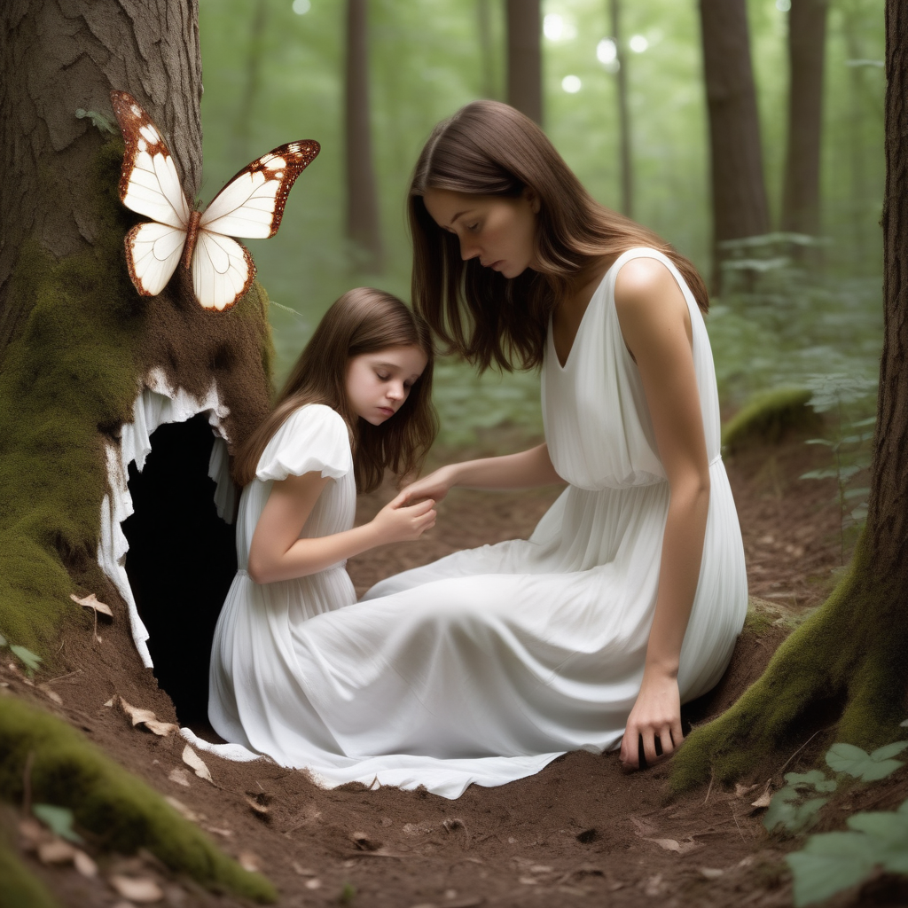 A teenage girl fell into a hole in a forest. She had shoulder-length brown hair and a white flowy midi dress. His knee is bleeding. Her mother bent over her. Her mother looks like a fairy. her mother has butterfly on her back