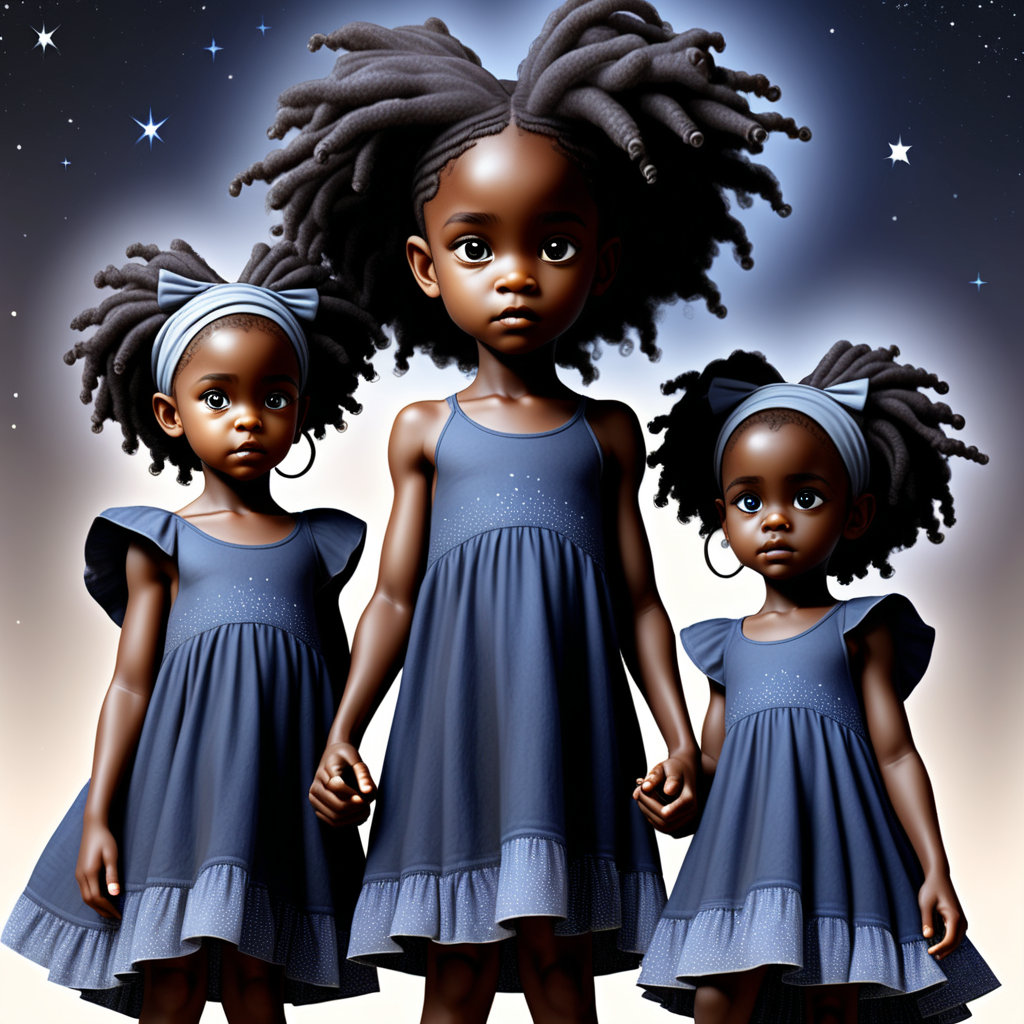 prompt: a black female indigo child with a dress on helping the world with a black girl star seed child standing by his side helping  they are twins but different
 