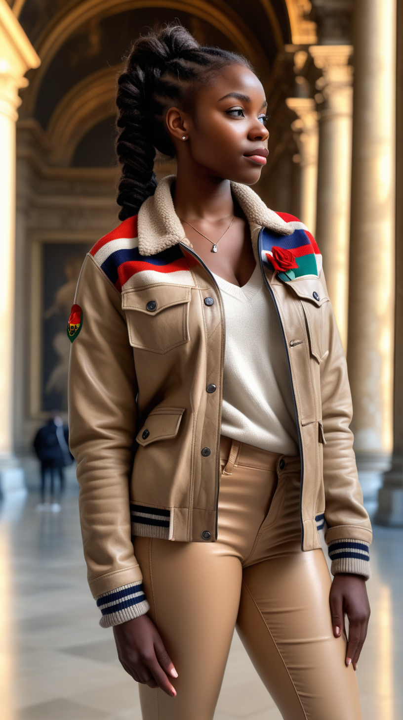 A cute, dark skinned, black woman, wearing a braided ponytail, wearing a beige, 3/4 leather safari jacket, wearing an  African flag patch, wearing a grey lambswool, V Neck sweater, wearing tight, Navy Blue Jeggings, standing in the Louvre museum, holding three red, long stemmed, Roses, View is close up, from the waist up, 4k, realism, high definition clarity, brilliant early morning sunshine background
