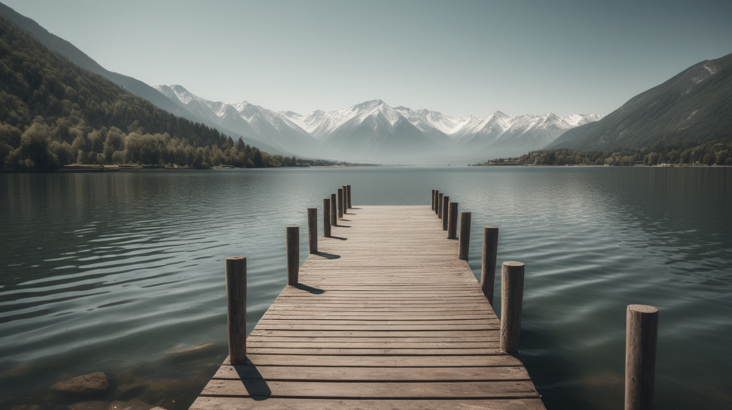 a photograph in which we see a pier, without boats, that goes into a large lake. surrounding the lake there is vegetation, in the distance you can see some mountains. On a sunny day.The lighting in the portrait should be dramatic. Sharp focus. A ultrarealistic perfect example of cinematic shot. Use muted colors to add to the scene.