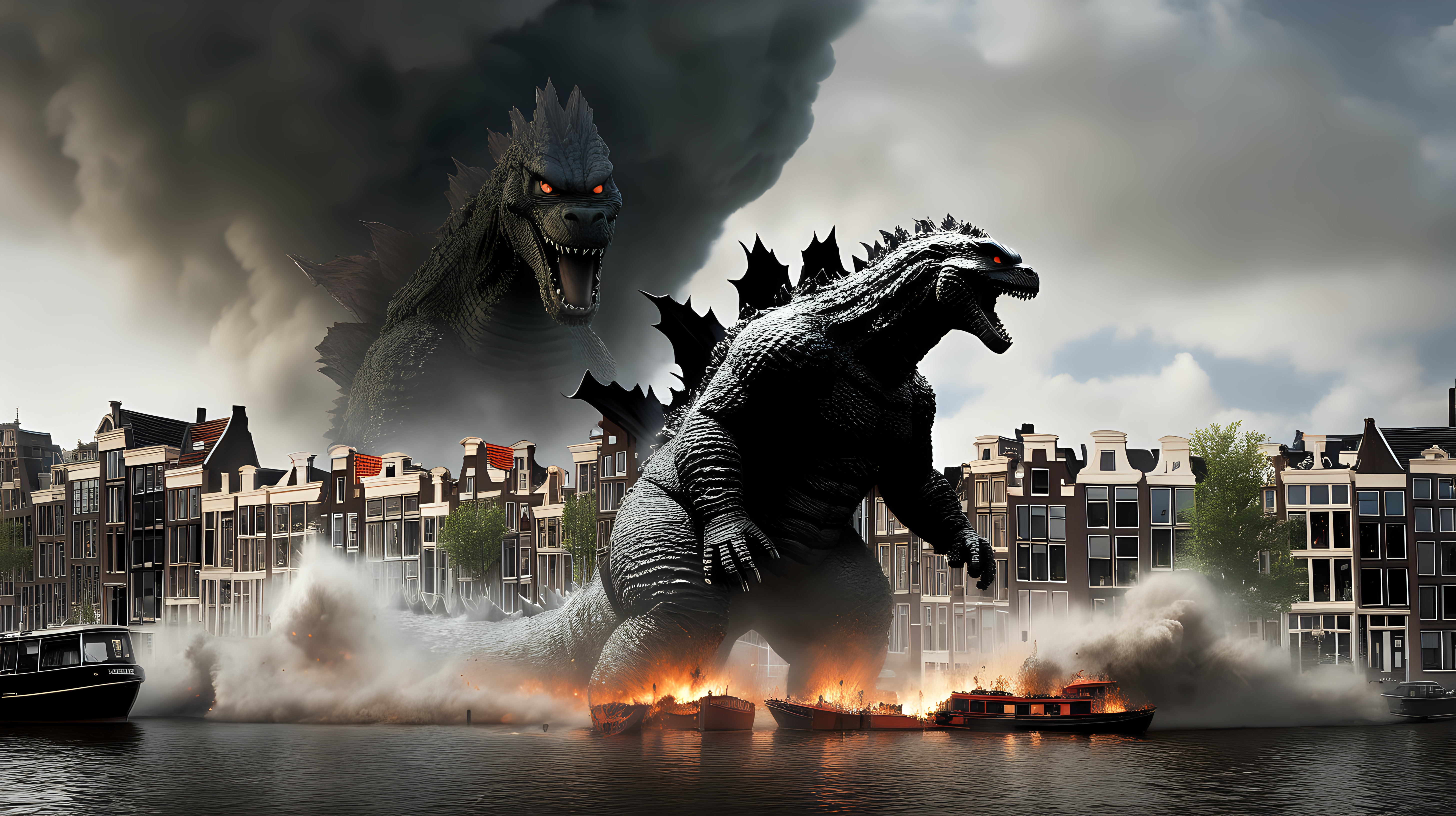 Godzilla destroying Amsterdam