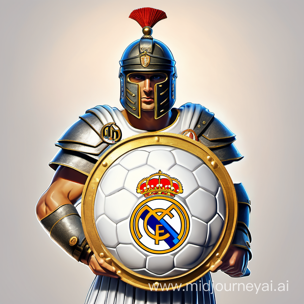 Un legionario romano con un balon de futbol y un gran escudoconel simbolodel real madrid