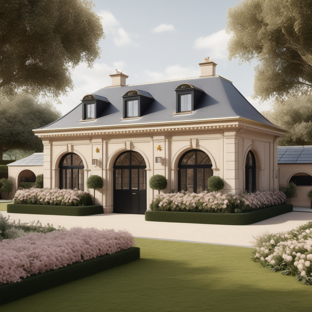 A hyperrealistic image of a modern Parisian horse stables guest house viewed from the outside in a beige oak brass colour palette with accents of black and dusty rose, with an adjoined veranda covered in star jasmine, and beautiful garden beds and sprawling lawns around it
