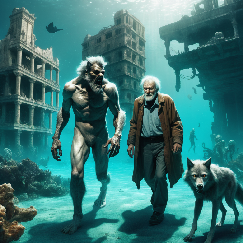  a kind Wolfman  walking side by with  a  frail sick lost old man.  In background the deep underwater city's  ruins of Atlantis