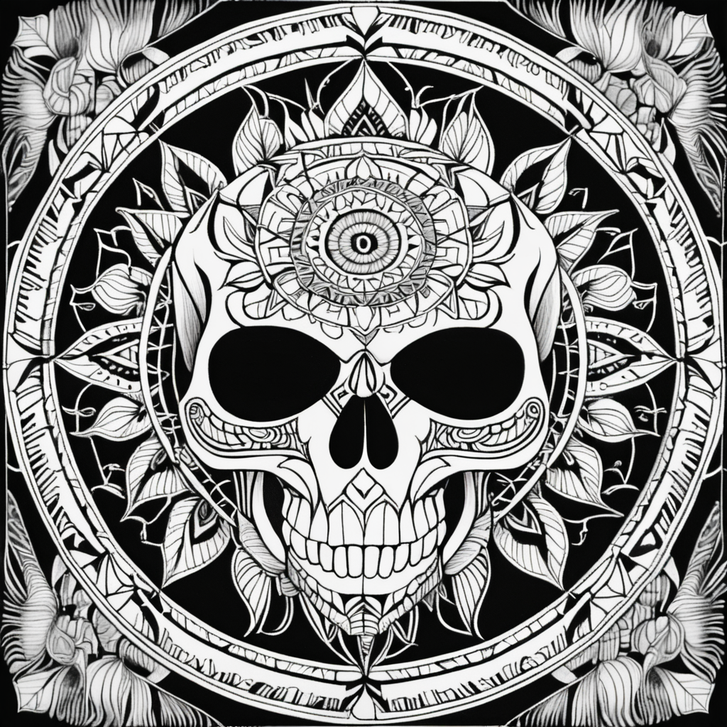 adult coloring page, black & white, high details, symmetrical mandala, string lines, tribal skull