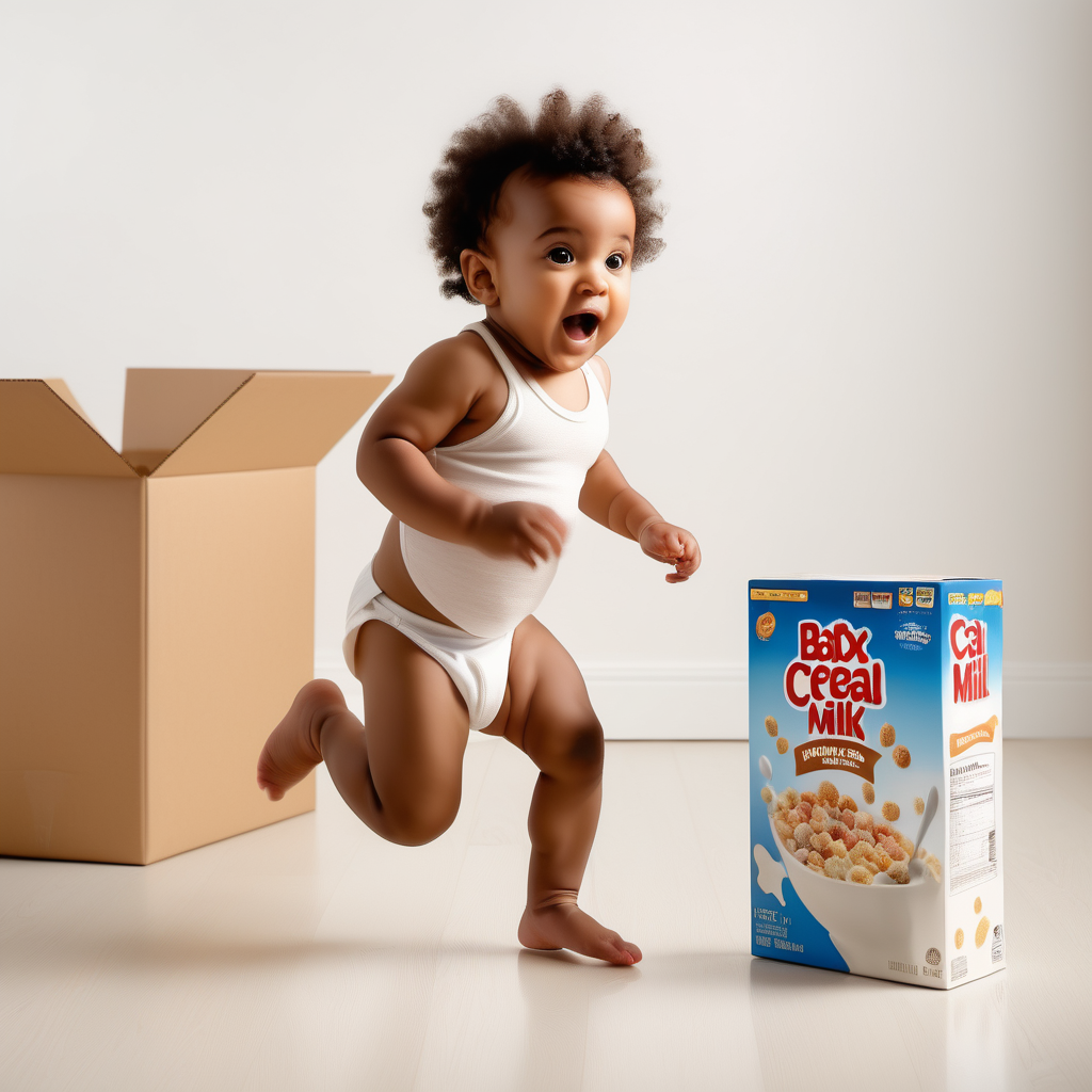 cute photo of  a medium brown skin baby running away with box of cereal and milk 