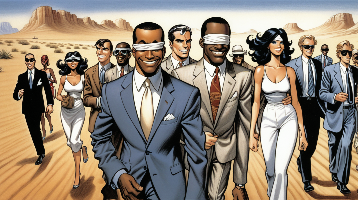 a blindfolded black man with a smile leading a group of gorgeous and ethereal white and spanish mixed men & women with earthy skin, walking in a desert with his colleagues, in full American suit, followed by a group of people in the art style of Bruce Timm comic book drawing, illustration, rule of thirds