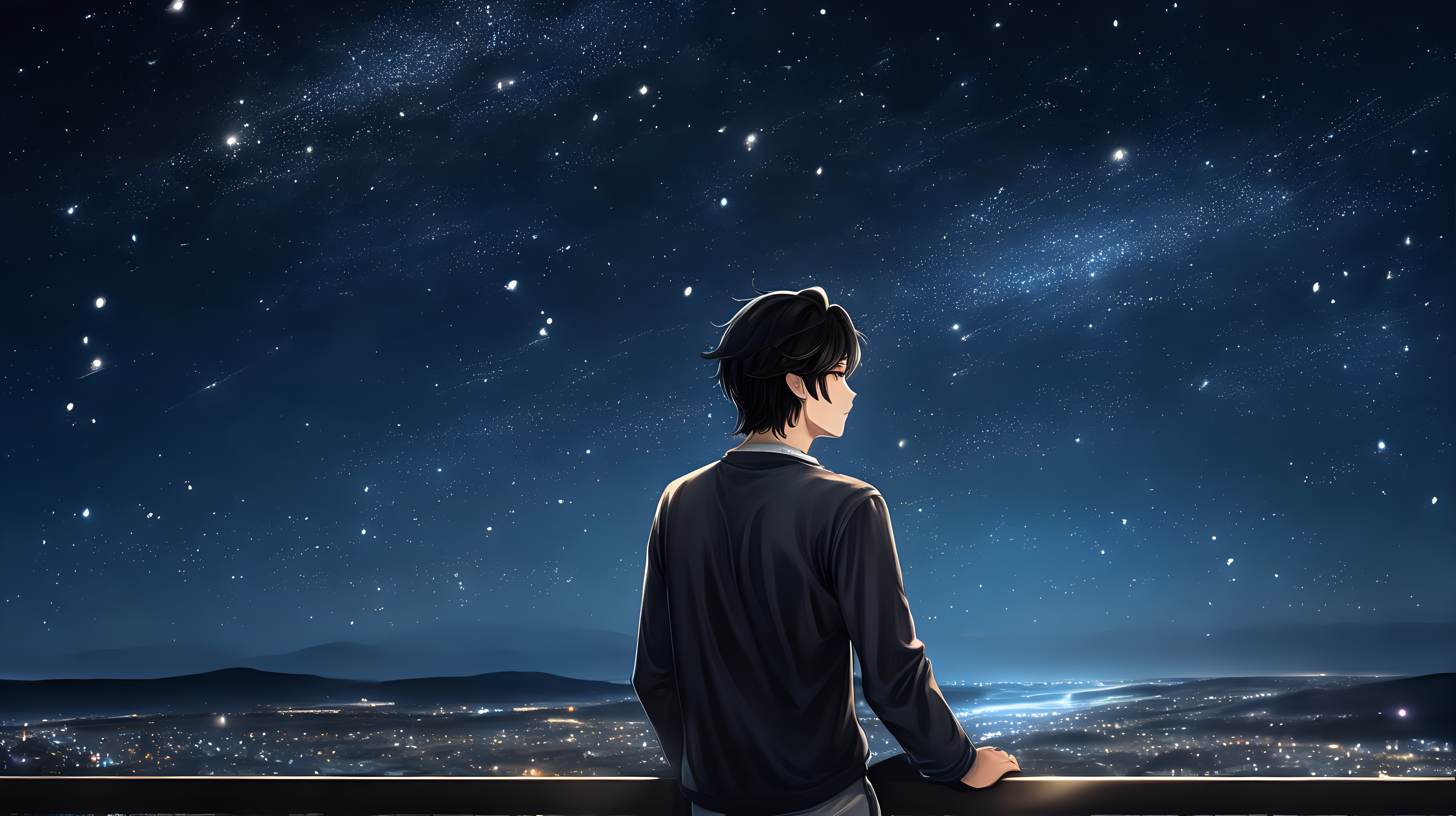Late one night, a handsome man is looking at the sky full of stars, the background of the night sky is very beautiful, black hair, wearing modern clothes, simple full color, high quality, lively eyes, dark, dark color, in room, natural eyes,