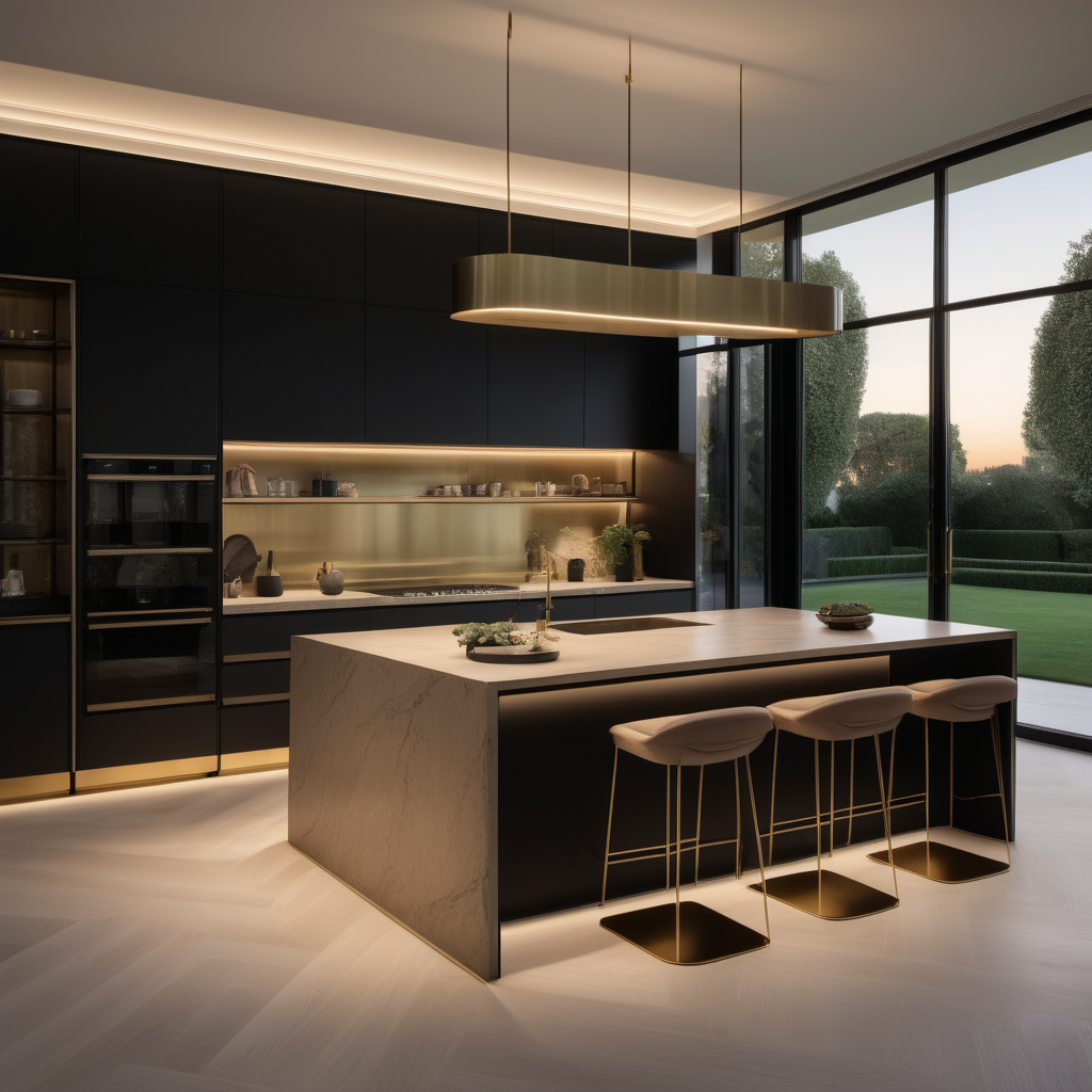 a hyperrealistic of an elegant Modern Parisian estate home kitchen at dusk with island, mood lighting, floor to ceiling windows with a view of the manicured gardens, in a beige oak brass and black colour palette 
