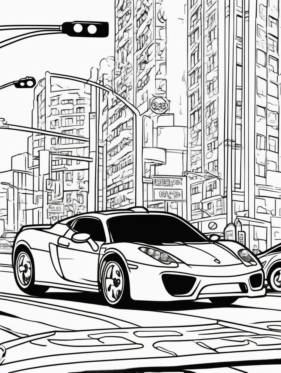 sportscars at traffic lights for childrens coloring book