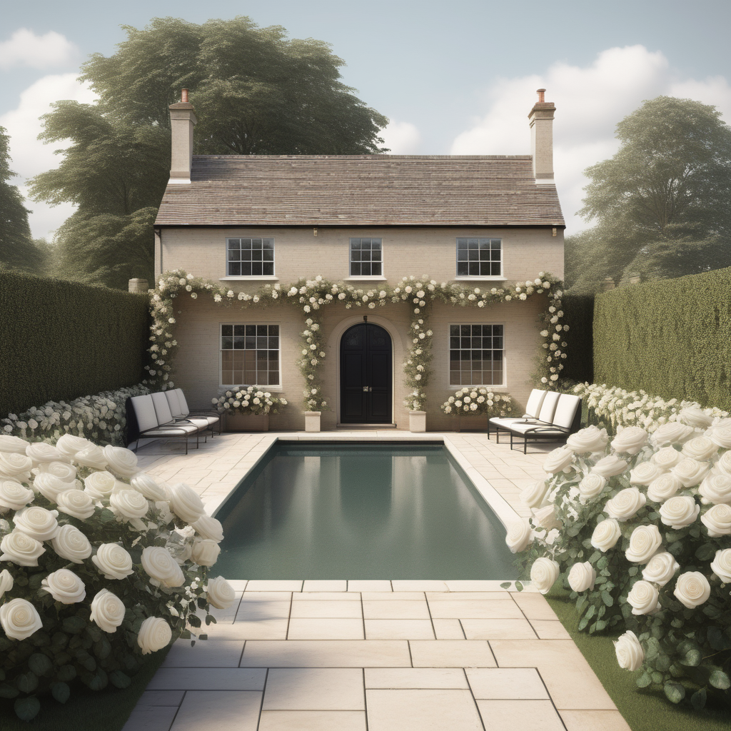 hyperrealistic image of an English country estate home pool; cabana with rambling white roses; beige, ivory and black;
