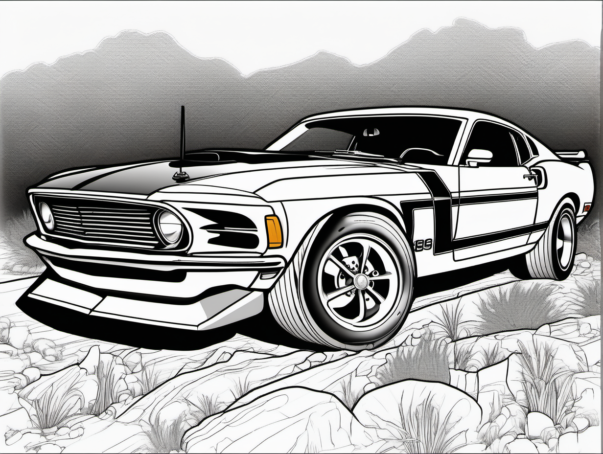 coloring page, classic American automobile, 1969 Ford Mustang Boss 302, clean line art, no shade