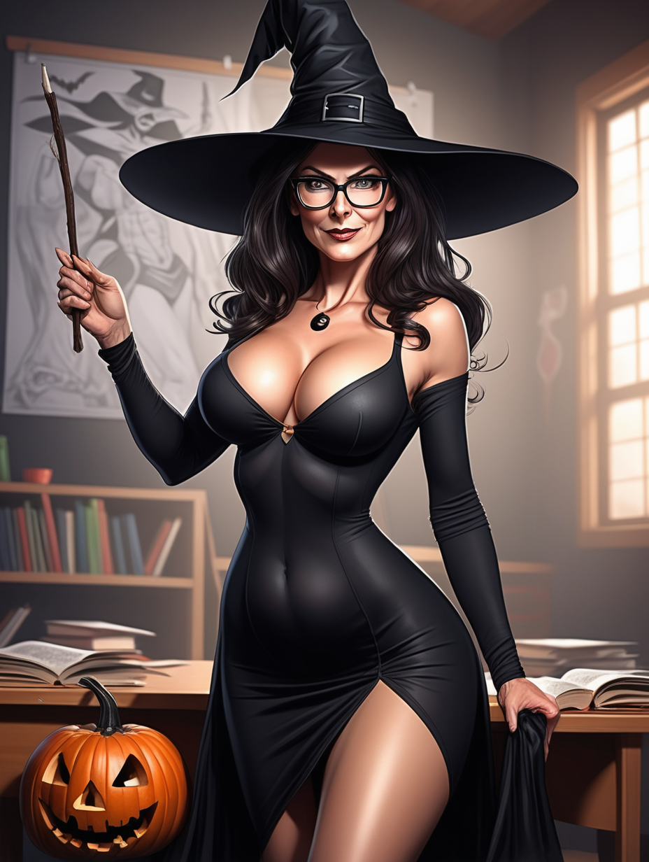 Beautiful, mature, brunette woman, teacher, glasses, high slit [black]dress, bra exposed [Detailed comic book art style] Halloween rally,pantyhose, witch hat