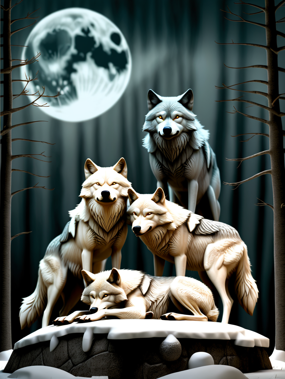 three wolves standing over a sleeping wolf