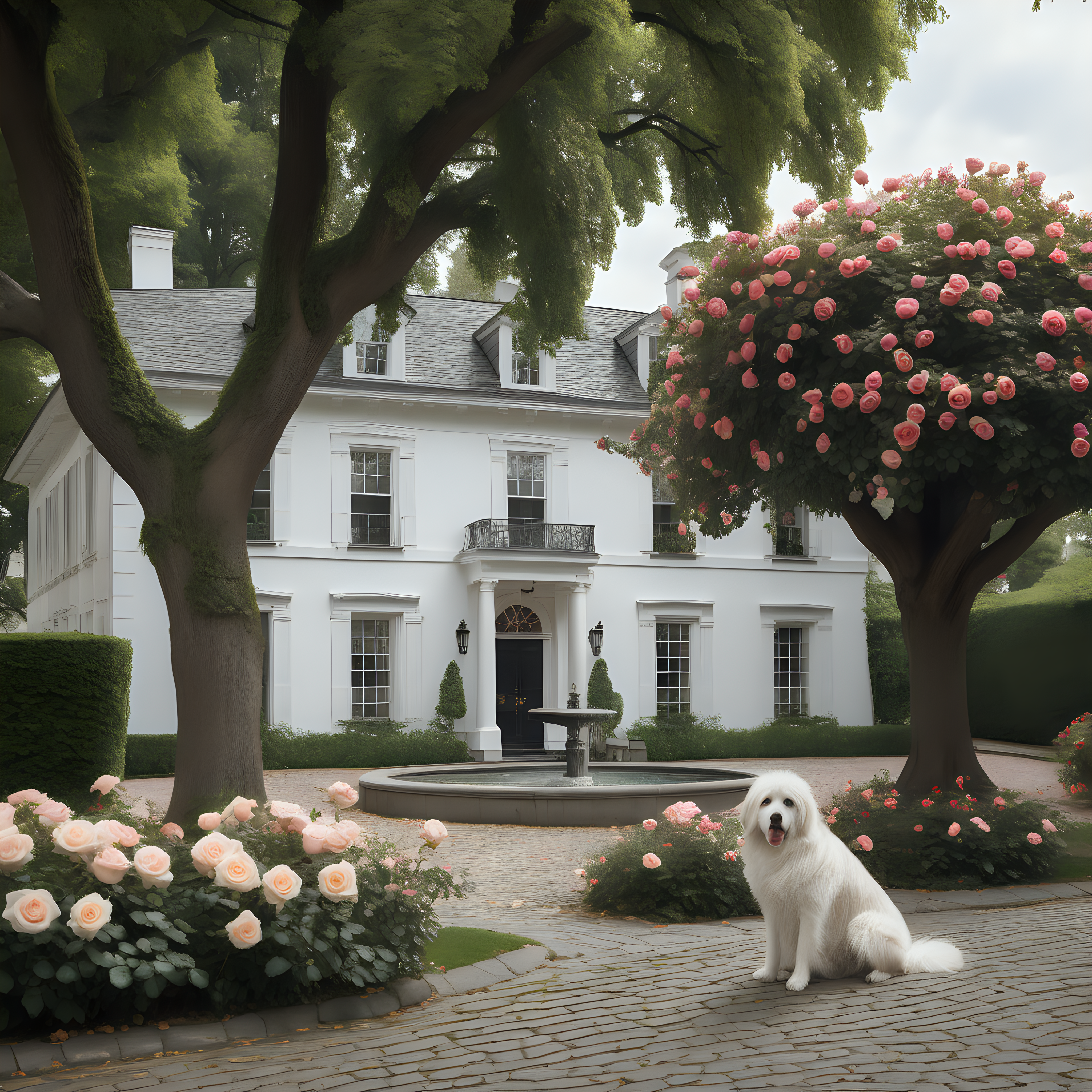 A large white house. In an old, affluent neighborhood. With extensive sidewalks and ancient trees. The house has a wide, large door. A cobblestone walkway connects the house to the street. There is a large fountain in front of the house. The two sides of the walkway are covered with roses. A sizeable fluffy dog is sitting in front of the house.