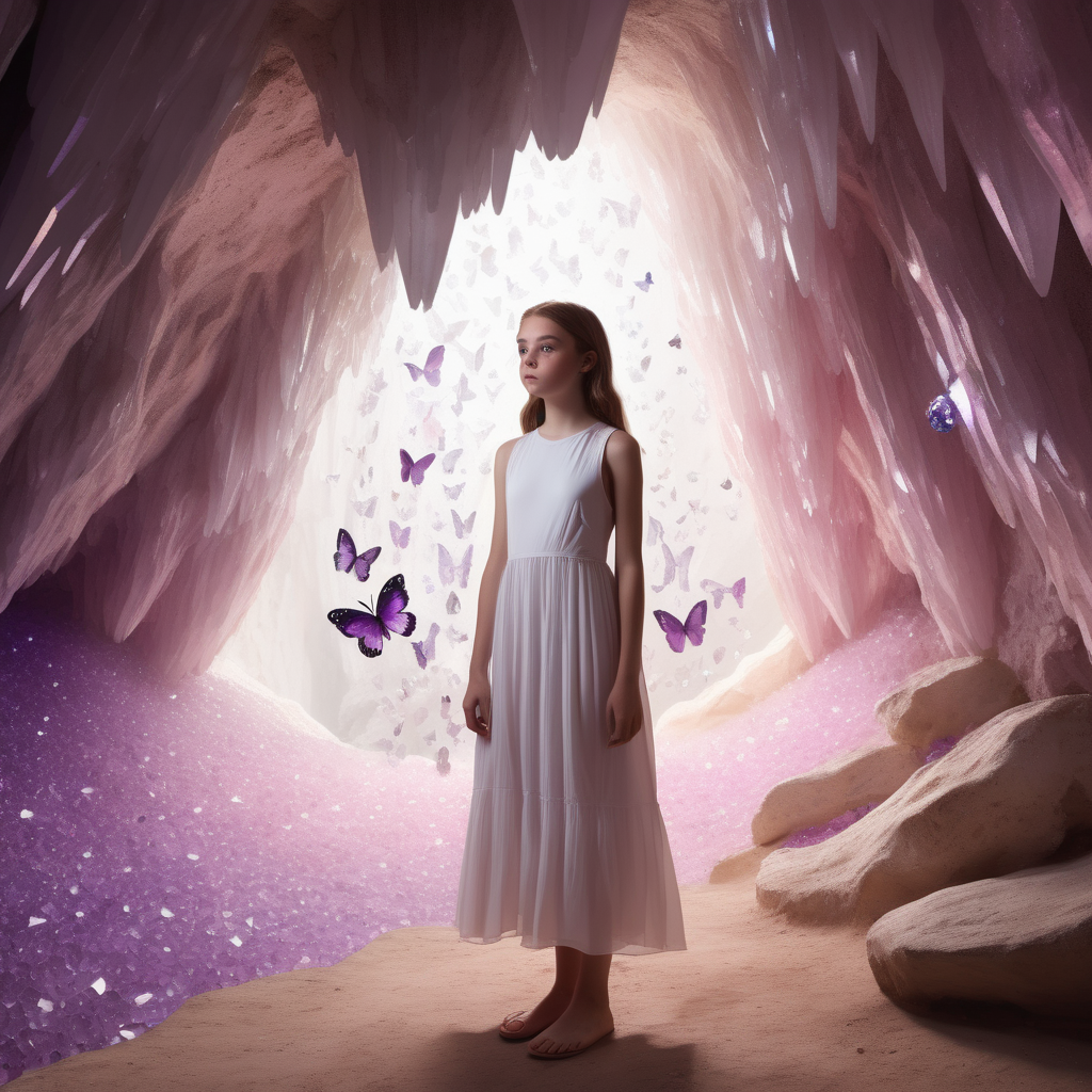 A teenage girl stands in a cave. She is wearing a flowy white midi dress. There is a butterfly next to her. The cave's wall is covered with pink and purple crystals. The girl sees pictures of her childhood in the crystals.