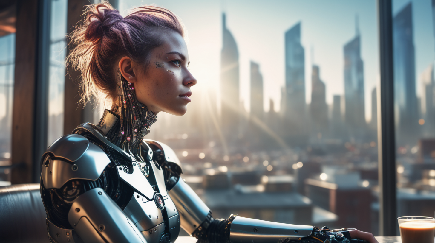 A dystopian, High Detail RAW color Photo, Full Shot, (woman cyborg), sitting on a coffe shop, looking out at sprawling cyberpunk city skyline,  (highly detailed, fine details, intricate), (lens flare:0. 5), (bloom:0. 5), raytracing, specular lighting, shallow depth of field, 200mm lens, hard focus, smooth, cinematic film still