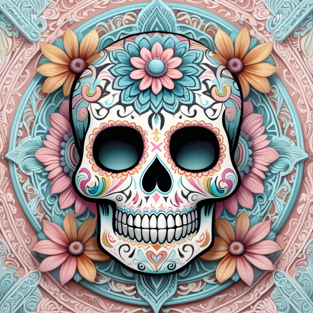 pastel colors, high details, symmetrical mandala, strong lines, day of the dead, candy skull